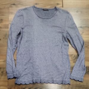 J. McLaughlin Micro Stripe Scallop Edge Crew Neck Thin Sweater Navy Gray Small